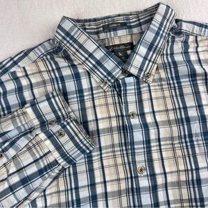 Eddie Bauer Men’s XL classic Fit Plaid Button-Up Shirt - Blue and Tan